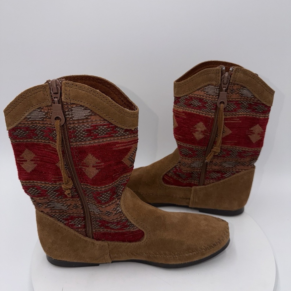 Minnetonka Baja Moccasin Boot Women's Size 7 Brown Suede Red Aztec Western - Picture 5 of 7